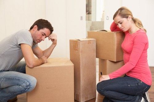 Packed boxes and furniture ready for loading by a removals crew