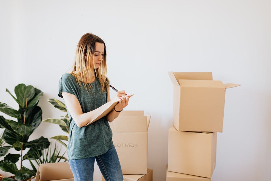 A man wearing a beige jacket and plaid shirt is signing or filling out a form on a clipboard placed on top of a cardboard box, during a home relocation or moving process. Next to him, a woman in a pla